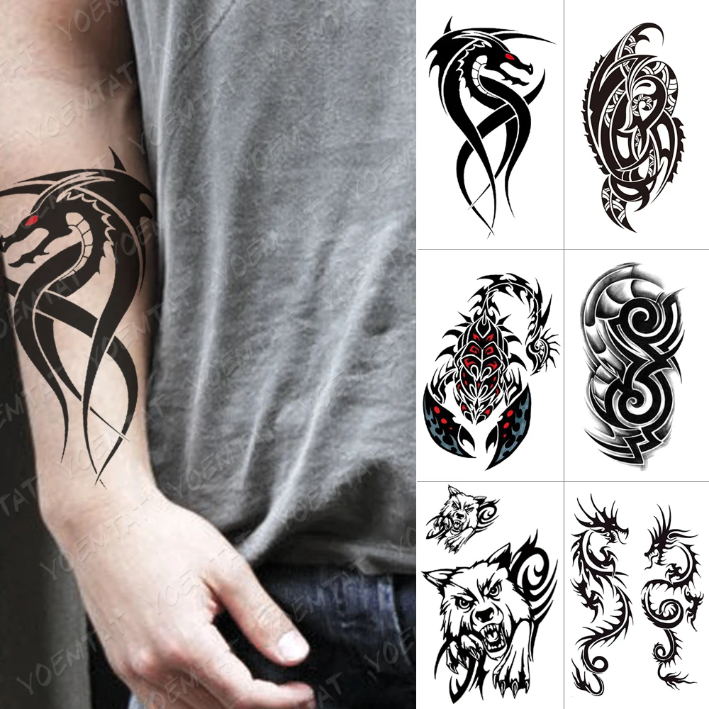 

Waterproof Temporary Tattoo Sticker Dragon Scorpion Wolf Flash Tattoos Wings Cross Body Art Arm Owl Maori Totem Fake Tatoo Men