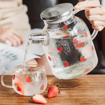 

High Capacity Heat-resistant Teapot Strawberry Transparent Glass Cup with Cover Cold Kettle Juice Water Bottle Kitchen Teaware