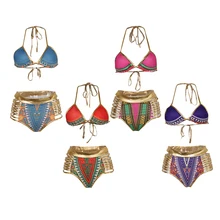 Винтажный Африканский этнический принт бикини купальник бандажный купальник синий S набор сексуальный купальник для женщин