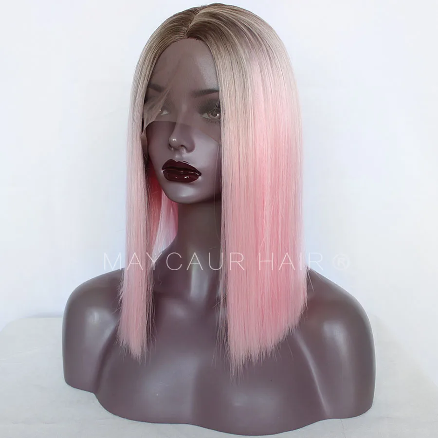 Brown Roots Pink White Ombre Color Short Bob Synthetic Lace Front Wigs For Women Middle Part Lace Wigs with Natural Hairline (3)
