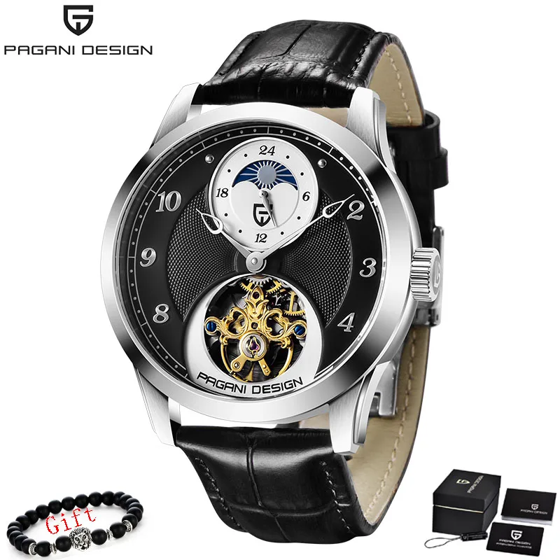 PAGANI Tourbillon Мужские Водонепроницаемые часы Мужские механические часы с скелетом оригинальные брендовые роскошные часы мужские Relogio Masculino - Цвет: Black Silver Black