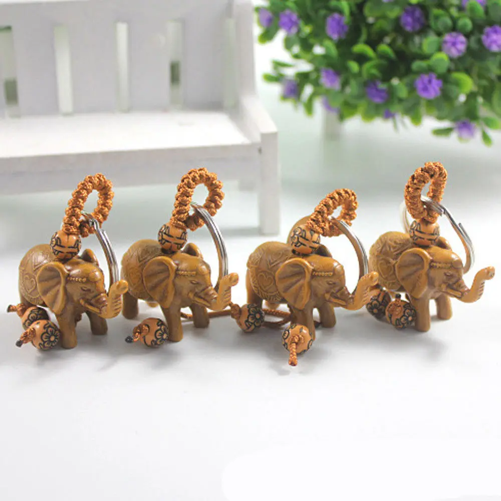 Key Chains 1 PCS Elephant Keychain Peach Wood Carving Pom Pom Cute Keychain Stainless Steel