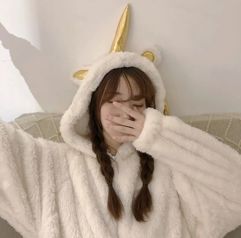 

2019 New Style Cute Animal Cartoon One-piece Pajama Women's Autumn And Winter Students Pullover Anime Thick Hooded Women's
