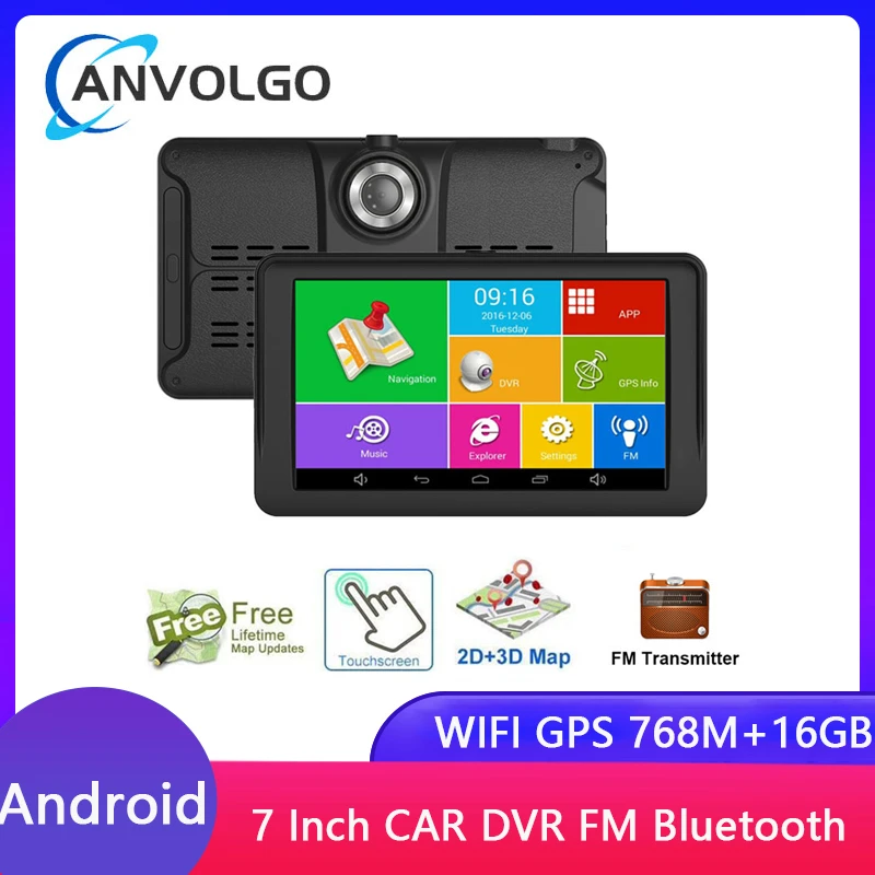 Anvolgo 7" Android 16GB Car Navigator GPS Navigation Bluetooth WIFI FM Transmitter Sat Na AV-IN Car DVR Rearview Camera Free Map samsara gps