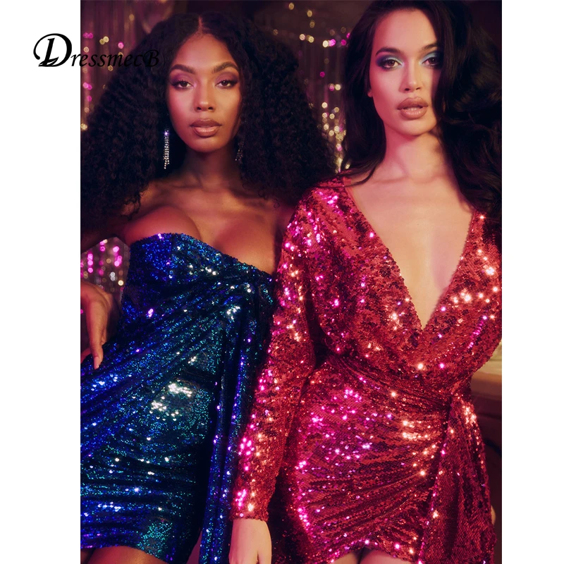 Dressmecb осеннее рождественское платье с блестками женские вечерние блестящие платья без бретелек с рюшами обтягивающие соблазнительные платья Vestidos