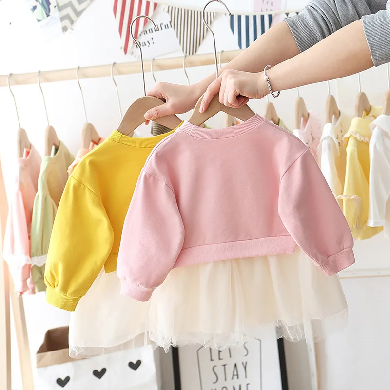 WLG Girls Cute Dresses Kids Spring Autumn Pink Red Yellow Mesh Patchwork Dress Baby Girl Princess Party Clothes for 1-3 Years