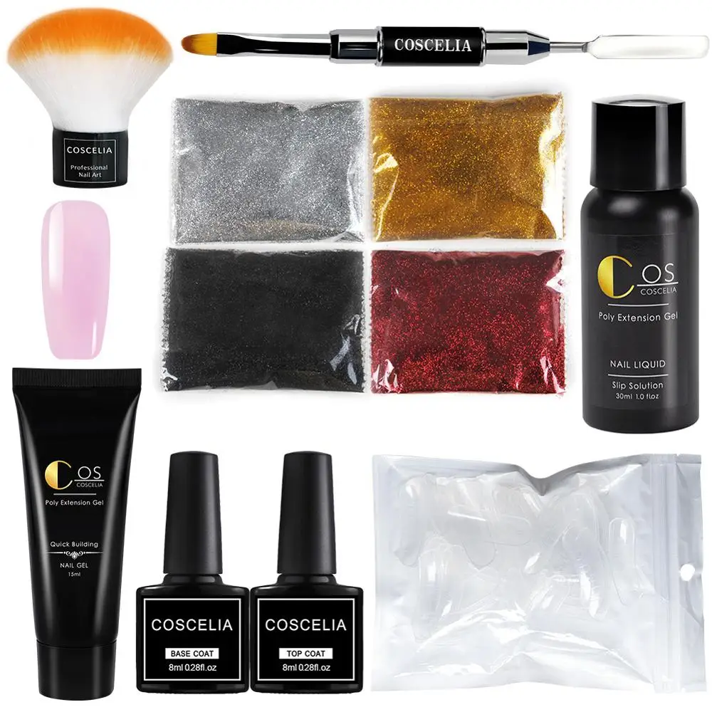 

COSCELIA Poly UV Gel Kit Quick Extension Gel 4PC Glitter Powder Beginner Level Kit Top Base Coat Manicure Tools Nail File