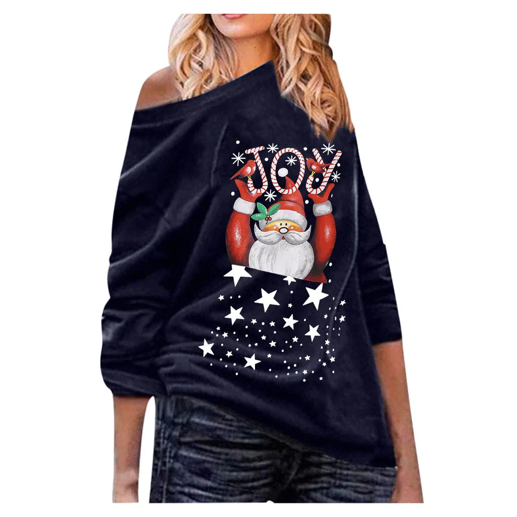 Рождественская Футболка с принтом, женские свободные топы с открытыми плечами, свободная рубашка с длинным рукавом, Женская рождественская футболка, женская футболка - Цвет: Navy