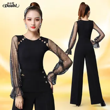 

DOUBL Latin ballroom dance shirt new 2020 modern dance clothes sexy female adult trumpet sleeves dancing tops slim practise