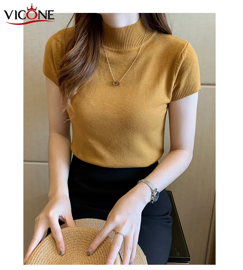 VICONE Womens Sweaters Tops Turtleneck Sweater Women Pullover Jumper Knitted Short Slevess Sweater