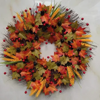 

50cm Artificial Halloween Maple Leaf Berry Vine Circle Autumn Door Hanging Wreath Thanksgiving Hanging Plant Christmas Home Deco