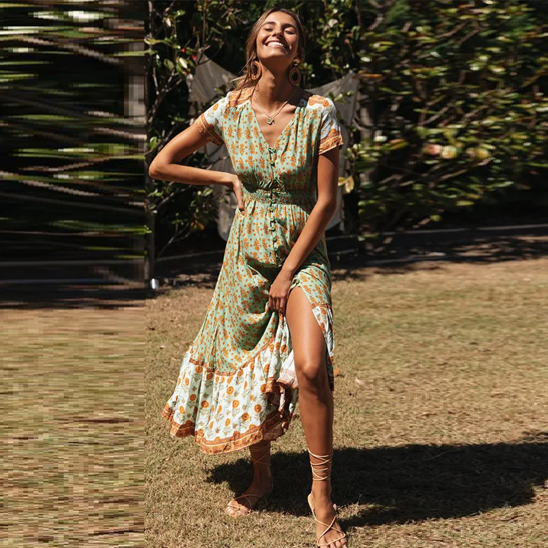 

bohemian women cotton dress 2020 summer short sleeve aline elegant dresses femme sling button holiday print dress rode vestido