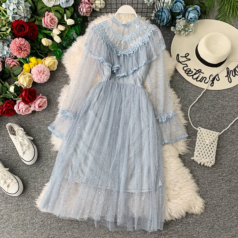 light blue Осенне-зимнее Новое Женское платье с круглым вырезом и расклешенными рукавами, расшитое блестками, с оборками, Сетчатое платье феи, Женские однотонные шикарные платья принцессы - Цвет: light blue