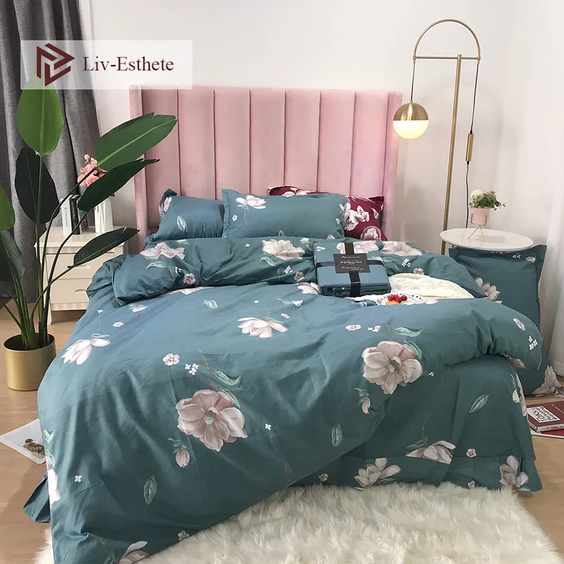 

Liv-Esthete Fashion Nordic Flowers Bedding Set Flat Sheet Duvet Cover Double Queen Adult Pillowcase Bed Linen Set 4PCS Wholesale