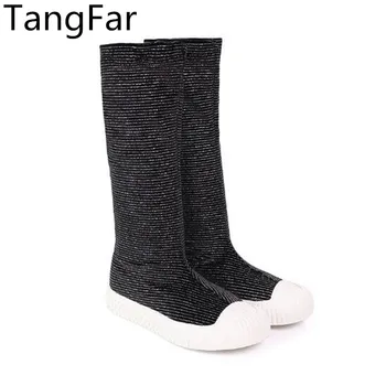 

2019 Girls Elastic Cloth Knee High Boots Soft Rubber Sole Children Long Boots Slip-on Flat Heel Student Boot