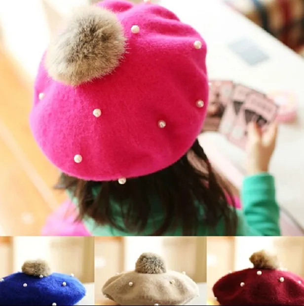 

Child Hat Fashion Vintage Pearls Woolen Hat Pompom Berets Cap For Autumn Winter