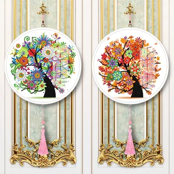

2pcs 5D DIY Diamond Painting Colorful Tree Round Framed Tassels Wall Mural