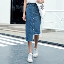 High Waist Vintage Denim Skirt Fashion Women Skirts Pencil Button Scratche Tassel Female Asymmetry Jeans Skirt Femme AA4930