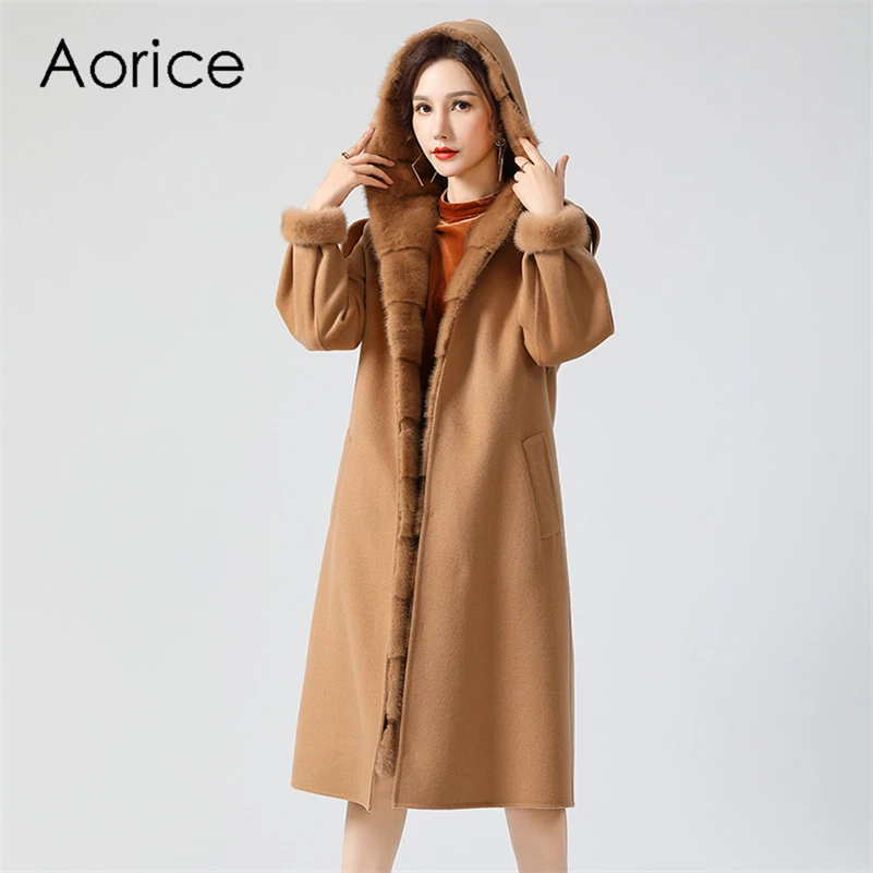 

Aorice Women Real Mink Fur Parka Coat Jacket 2020 Lady Female Mink Fur Hood Rabbit Fur Liner Winter Jackets Trench Coats Z20181