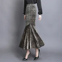 MEVGOHOT Осенняя леопардовая Женская длинная юбка-труба облегающая офисная плиссированная юбка с оборками Зимняя бархатная юбка русалки HD2876