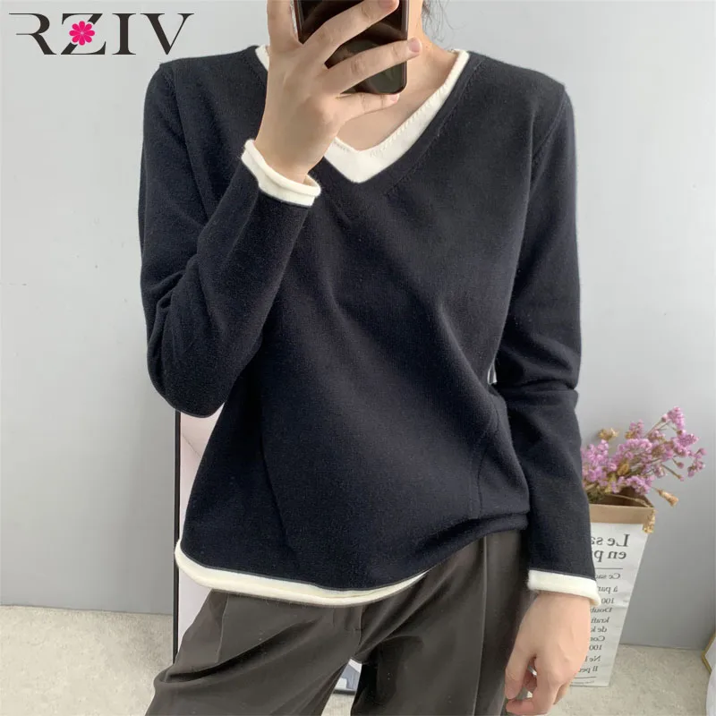 

RZIV Autumn and winter women's sweater casual solid color V-neck long-sleeved fake two-piece sweater