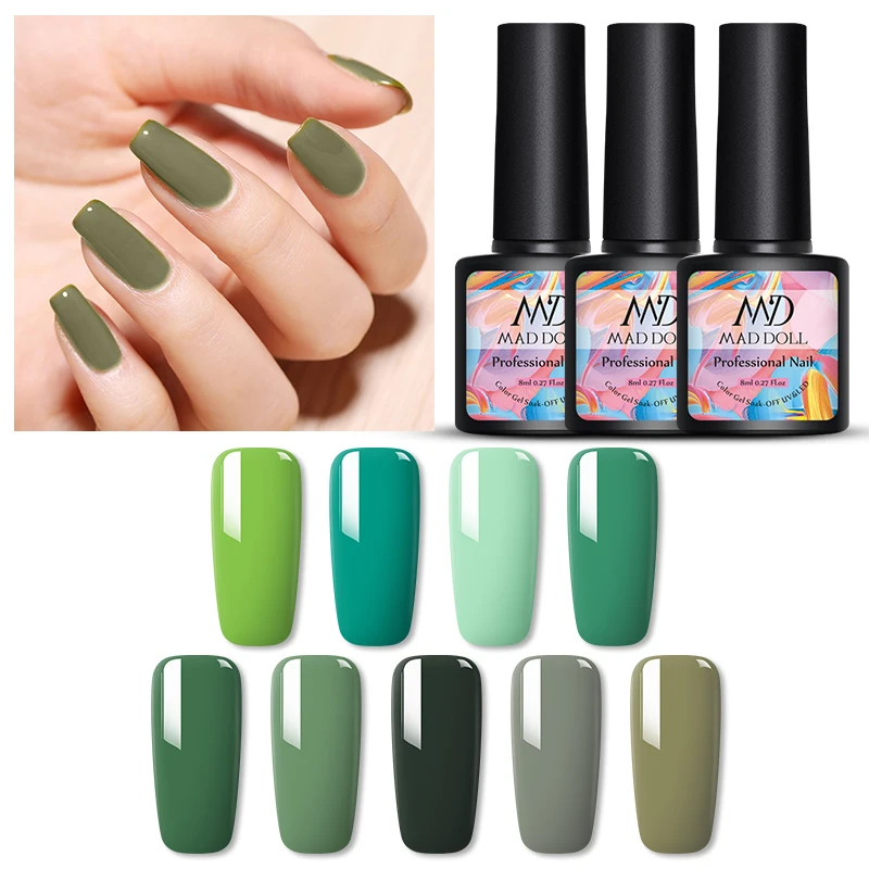 

MAD DOLL 8ml Gel Nail Polish Green Series Color Long Lasting Soak Off UV Gel Varnish One-shot Nail Art Beauty Design Gel