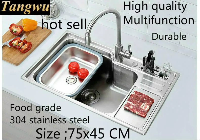 

Free shipping Fashionable kitchen sink 0.8 mm thick food grade 304 stainless steel single slot hot sell 750x450 MM