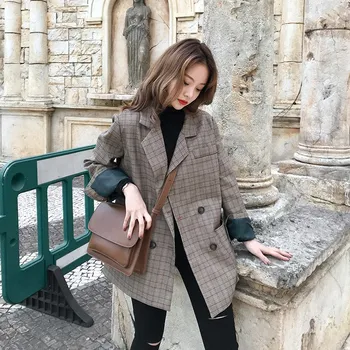 

2019 Autumn Vintage Double Breasted Retro Blazer Women Turn-Down Collar Plaid Suits Coat Casual Loose Office Jacket