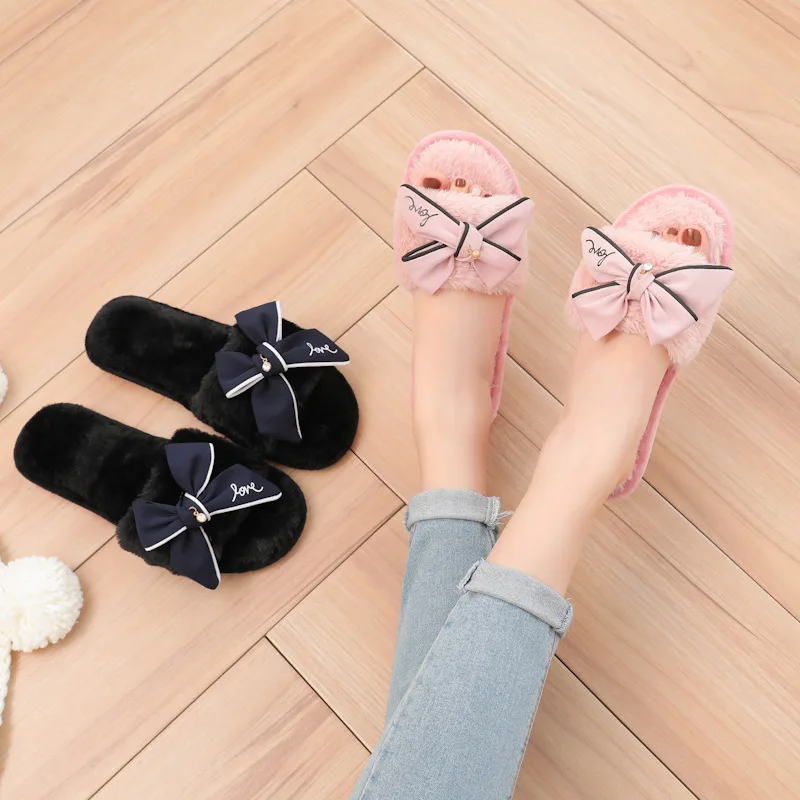 

Hill-Bear Autumn And Winter New Style Household Warm Bunny Plush Slipper Women's Japanese-style Bow Anti-slip Wear-Resistant Cot
