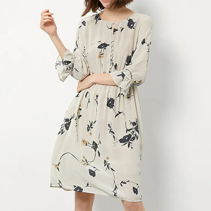

Spring Autumn New Silk Women's Printed Knee-length Dress Beach Holiday Loose Short Dresses Ruffle Sleeves Female