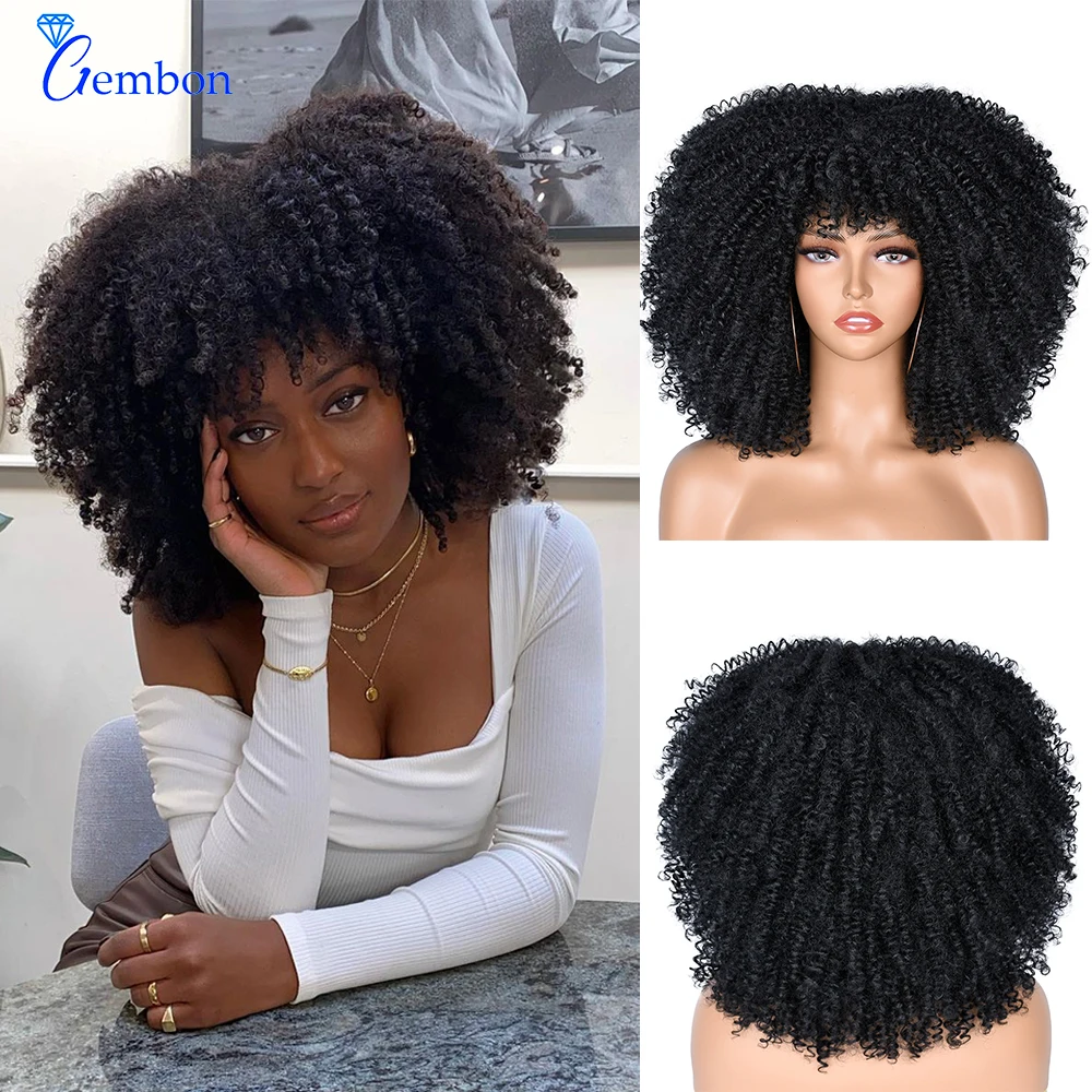 Short Afro Kinky Curly Wigs With Bangs For Black Women Blonde Mixed Brown Synthetic Cosplay African Wigs Heat Resistant 14