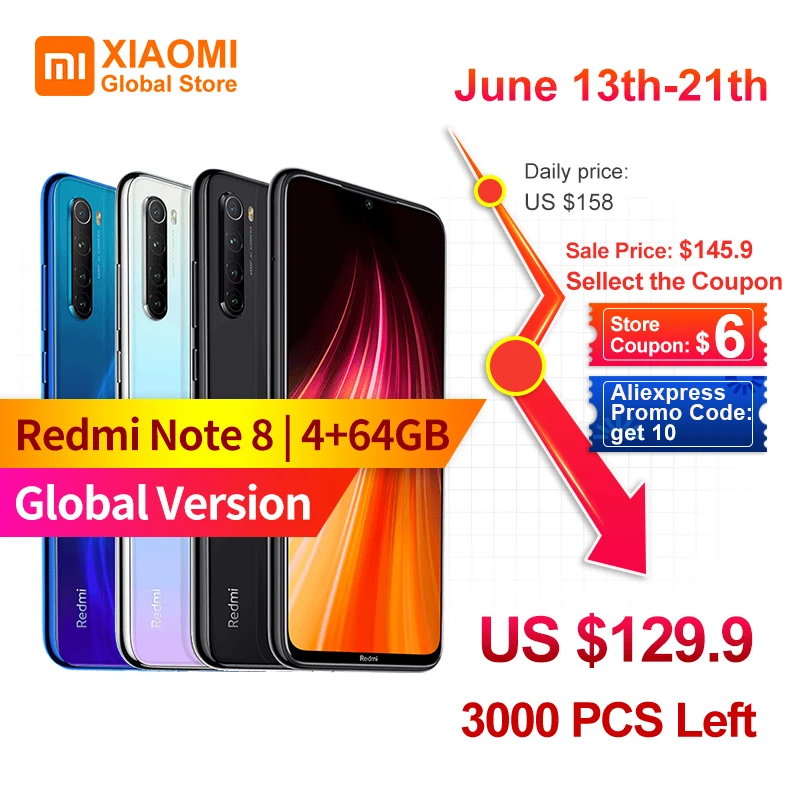 Глобальная версия Xiaomi Redmi Note 8, 4 Гб ОЗУ 64 Гб ПЗУ, мобильный телефон, Восьмиядерный, быстрая зарядка, 4000 мАч, 48мп камера, смартфон Xiami| |   | АлиЭкспресс