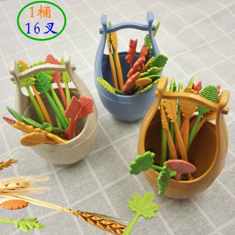 

16pcs/set Nordic Style Wheat Straw Barrel Leaves Fruit Fork Lunch Cake Dessert Picks Skewers Sandwich Toothpick Wedding Party