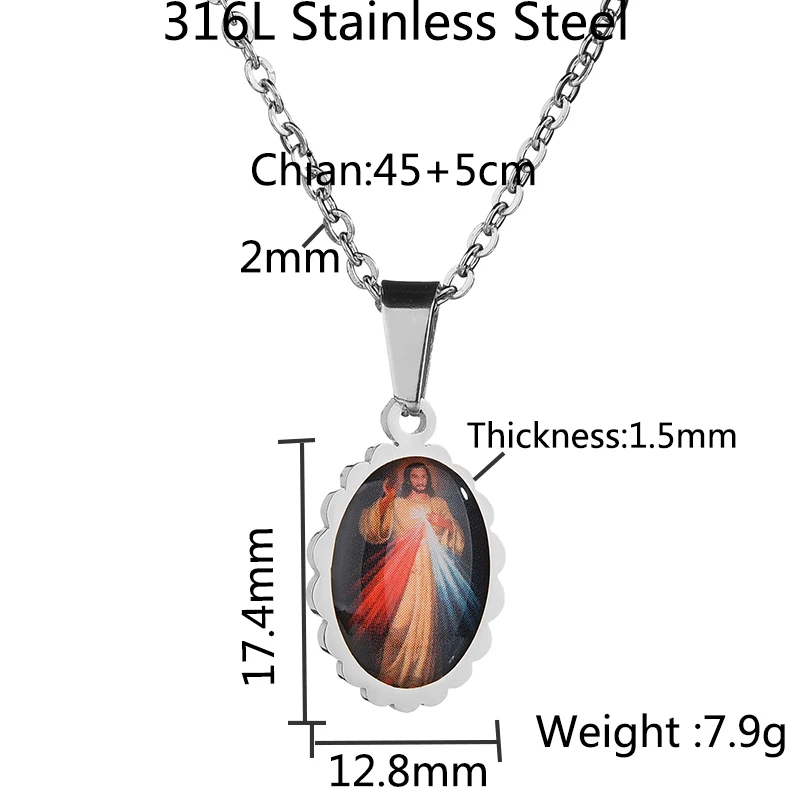 Akizoom Pendant Necklace Virgin Mary Golden Color Christian Jesus Oval Stainless Steel Catholic Men Women Religion Gifts