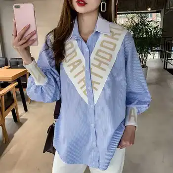 

2019 spring Summer Women Striped Blouse Fashion Casual turn down collar Lamp Sleeve Blouse Loose Tops Shirts