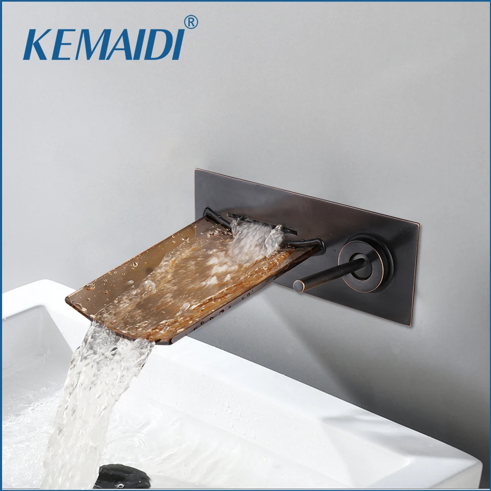 

KEMAIDI ORB Black Wall Mounted Bathroom Faucet Glass Spout Waterfall Basin Faucets Single Handle Sink Tap Mixer
