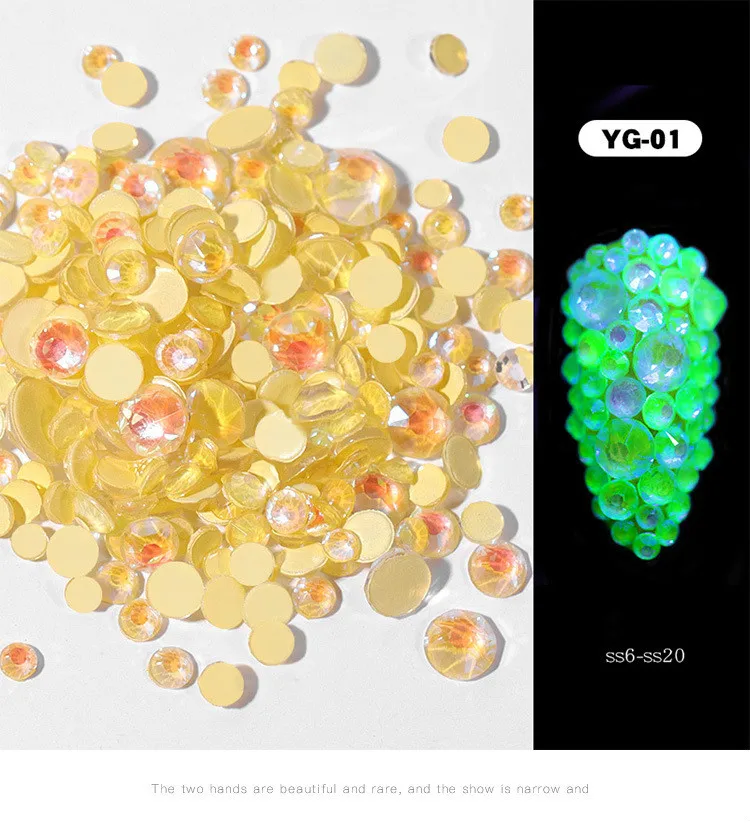 1 упаковка, Светящийся Кристалл, смешанный размер, SS6-SS20, дизайн ногтей, стразы, украшения, 3D блеск, бриллиант, ювелирное изделие, светится в темноте, украшения