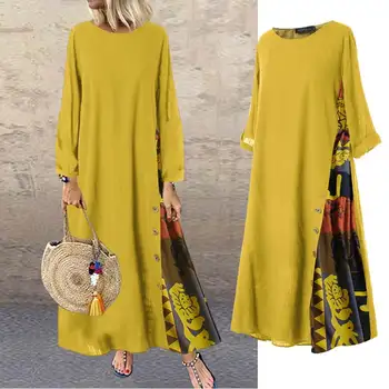

2020 ZANZEA Plus Size Women Long Maxi Dress Vintage Long Sleeve Cotton Vestidos Patchwork Printed Long Sundress Robe Femme 7