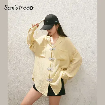 

SAM'S TREE Black Solid Chic Button Casual Chiffon Women Shirts 2020 Spring Yellow Drop Shoulder Sleeve Ladies Korean Daily Tops