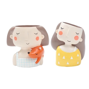 

2 Pcs Lovely Girl Cartoon Design Resin Plant Flower Pot Succulent Container Planter Bonsai Pot White Yellow