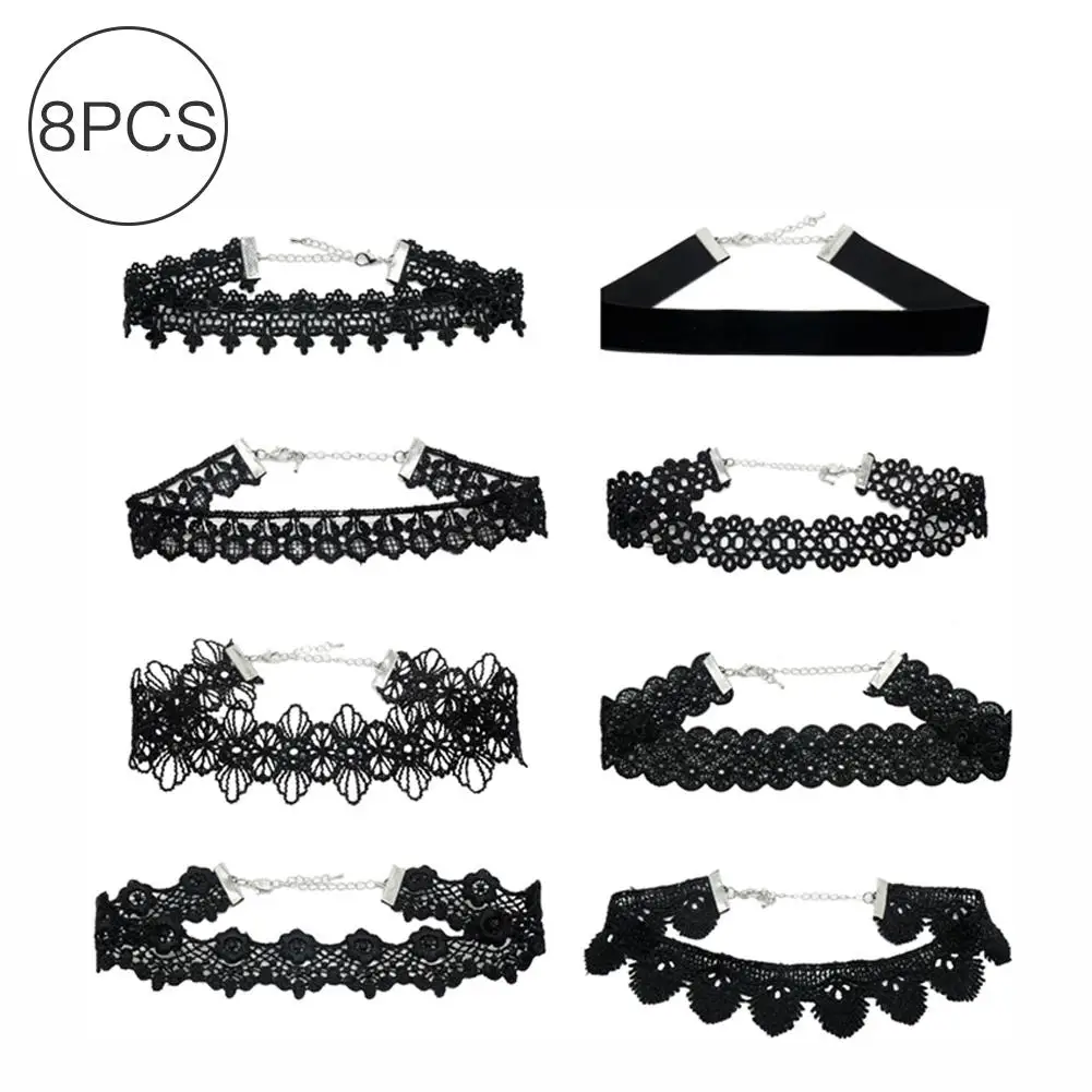 

New Fashion Black Choker Gothic Lace Necklaces Geometry Tattoo Waterdrop Clavicle Choker Necklace For Women Chain Jewelry 8PCS