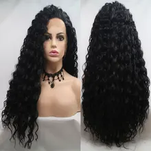 Черный кудрявый, завязанный вручную синтетический парик, 13*3 дюйма, на кружеве, 150% плотность, термостойкие волоконные волосы, натуральные волосы для женщин