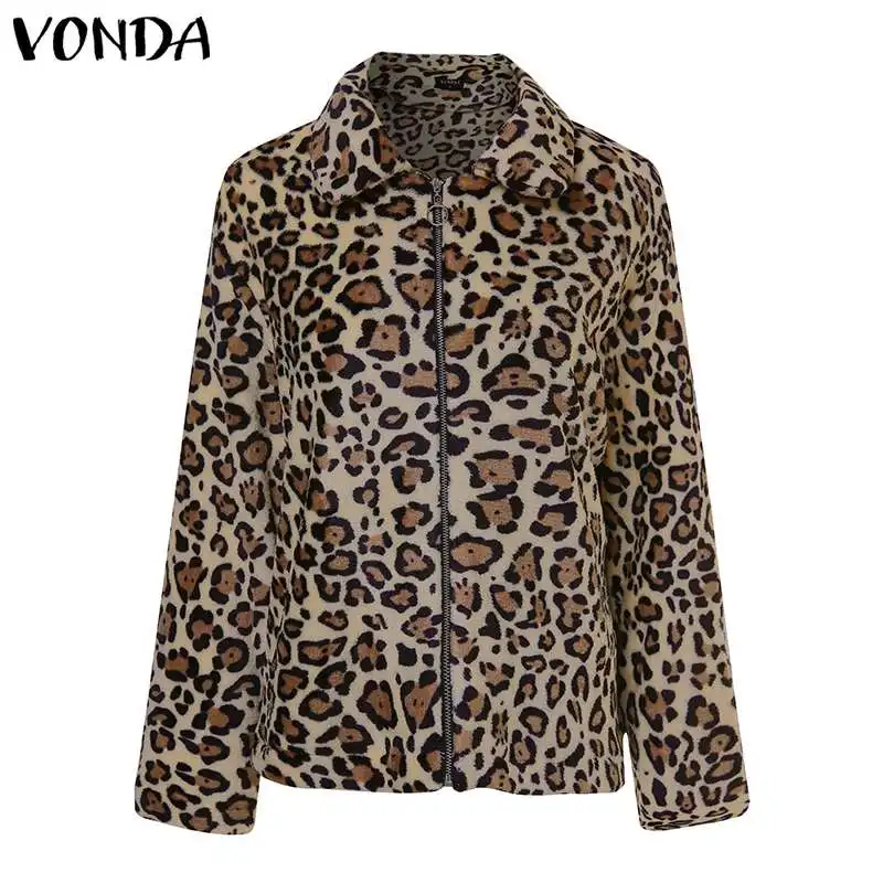 Finest 2019 Autumn Winter VONDA Women Leopard Printed Zipper Overwear Faux Fur Jackets Fashion Womens Warm