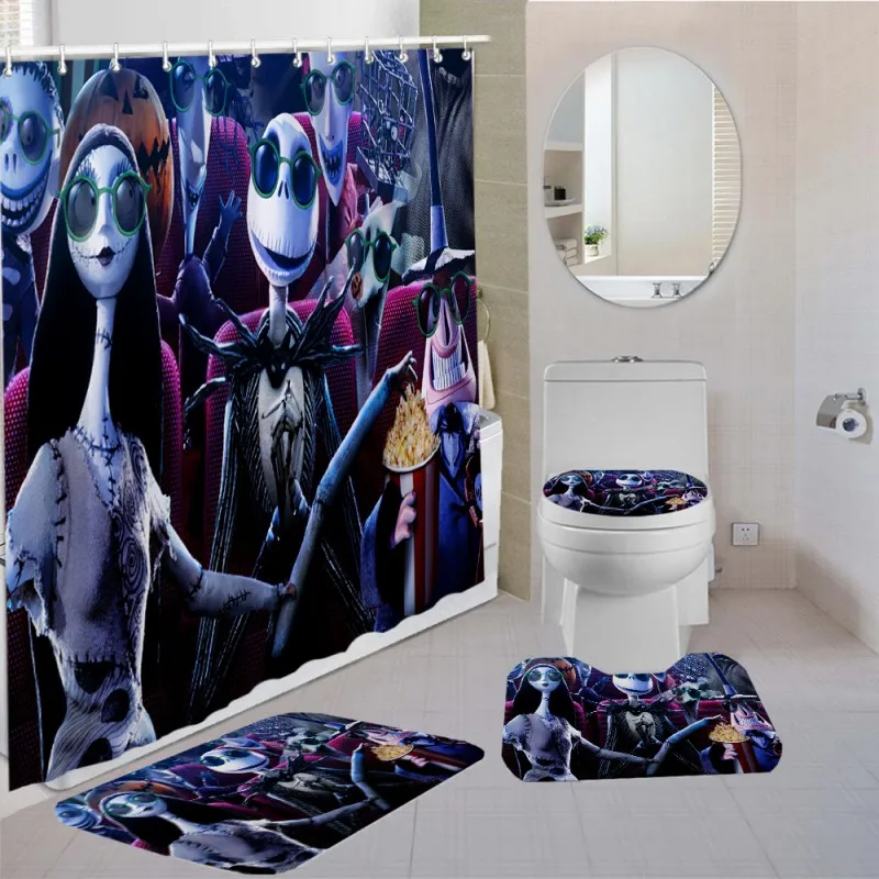 The Nightmare Before Christmas Shower Curtain Non-slip Mat Toilet Lid Cover 4PCS