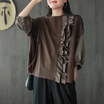 

Ruffles Spring Loose Solid Color White Pullover Women's Clothing O Neck Fashion Cotton T-shirt For Female