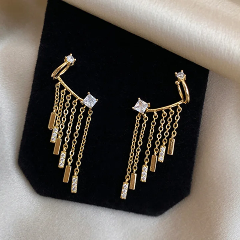 

2 pcs Gold Color Chain Tassel Piercing Earrings for Women Crystal Fringed Earring Korean Women's Clip on Earings Fashion Jewelry