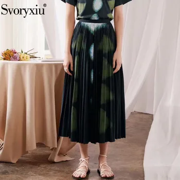 

Svoryxiu Runway Summer Cotton Pleated Long Skirt Women's Fashion Gradient Polka Dot Print High Waist Ankle-Length Skirt Female