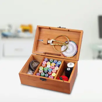 

New Portable Needles Thread Scissors Measuring Tape Kits Wooden Sewing Box Container