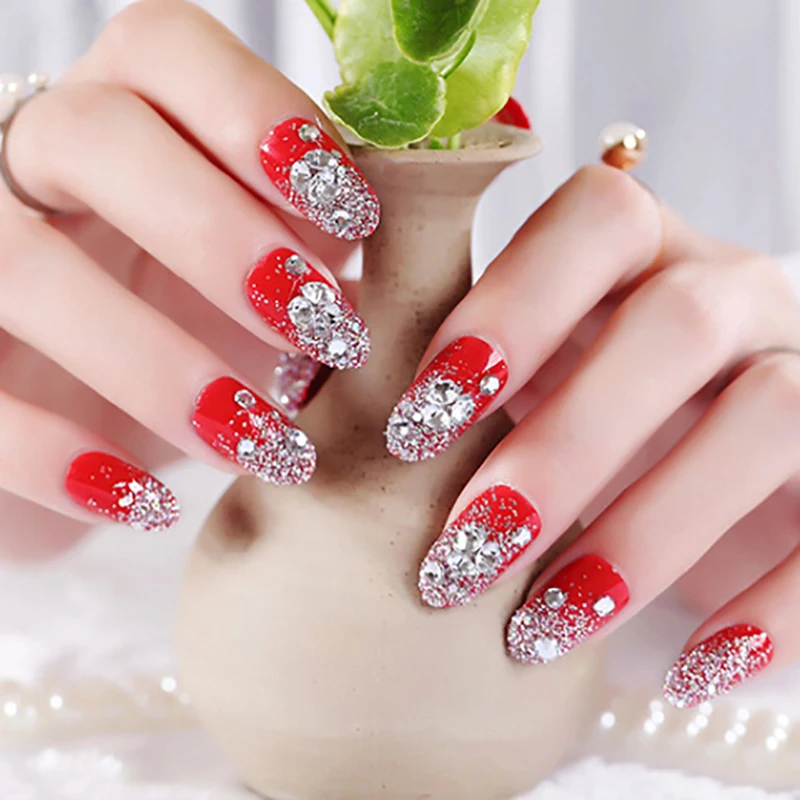 24 pcs Full False Nails Tips Red Flowers Short Round Fake Nail Art Patches Wedding Bride Manicure Tool With Glue