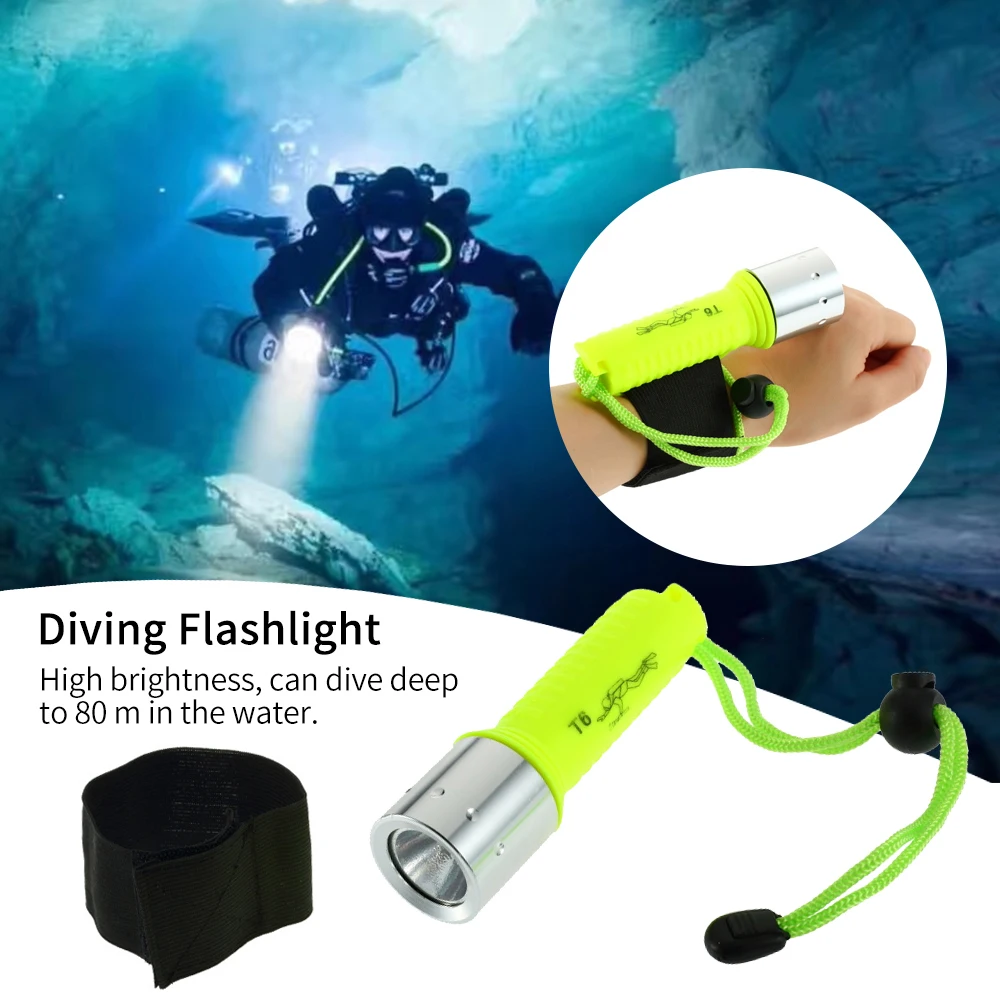 

1PC Portable T6 LED Flashlight Waterproof Scuba Driver Diving Flashlight With Wrist Strap Mulifunction Outdoor Tools Camping